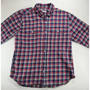Work Shirt Men's Large Worn Cotton Camping Red Windowpane Tartan Plaid Grunge